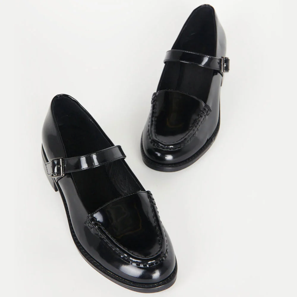 Black Patent Leather Round Toe Mary Jane Shoes Heels with Buckle