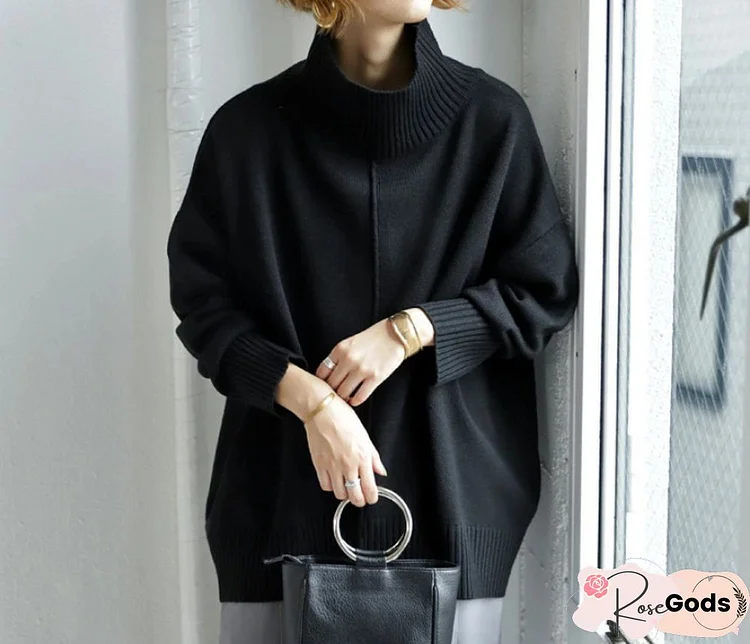 Solid Long Sleeve Turtleneck Wool Blend Sweater