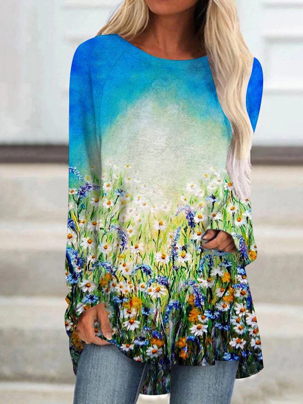 Women's Floral Gradient Gradient Printed Scoop Neck Long Sleeve Top
