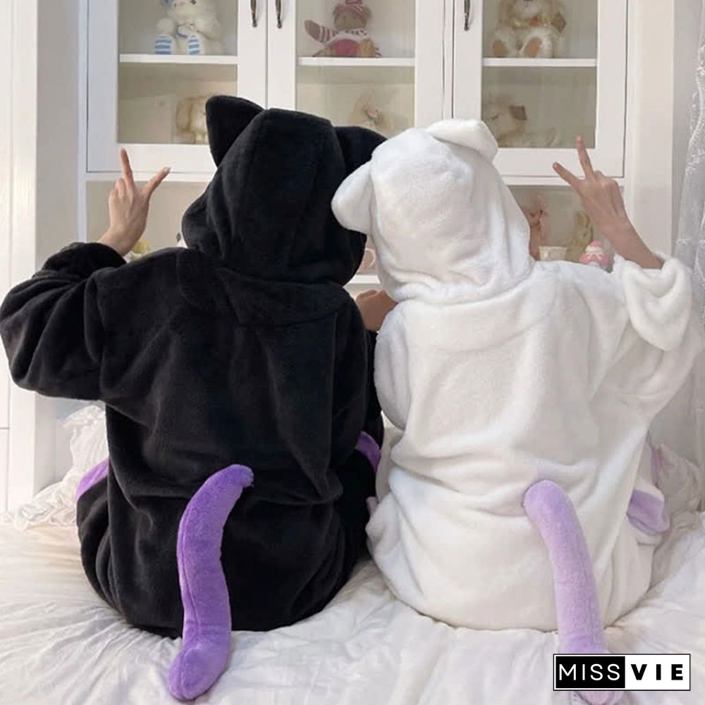 Cartoon Ghost Cat Plush Hooded Pajamas Set