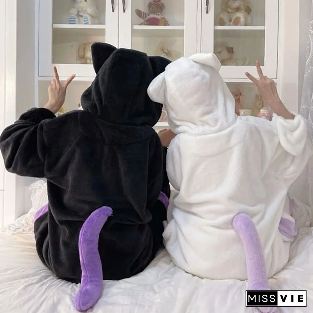 Cartoon Ghost Cat Plush Hooded Pajamas Set