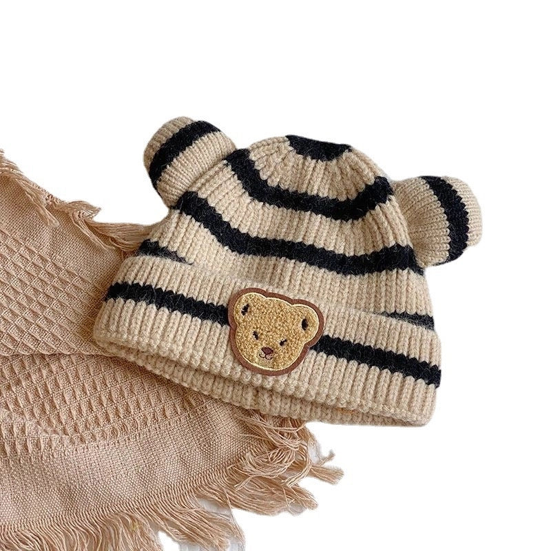 Autumn And Winter Children’s Warm Hat Cute Striped Bear Hat Korean Baby With Double Ball Knitted Hat Men’s And Women’s Treasure Hat