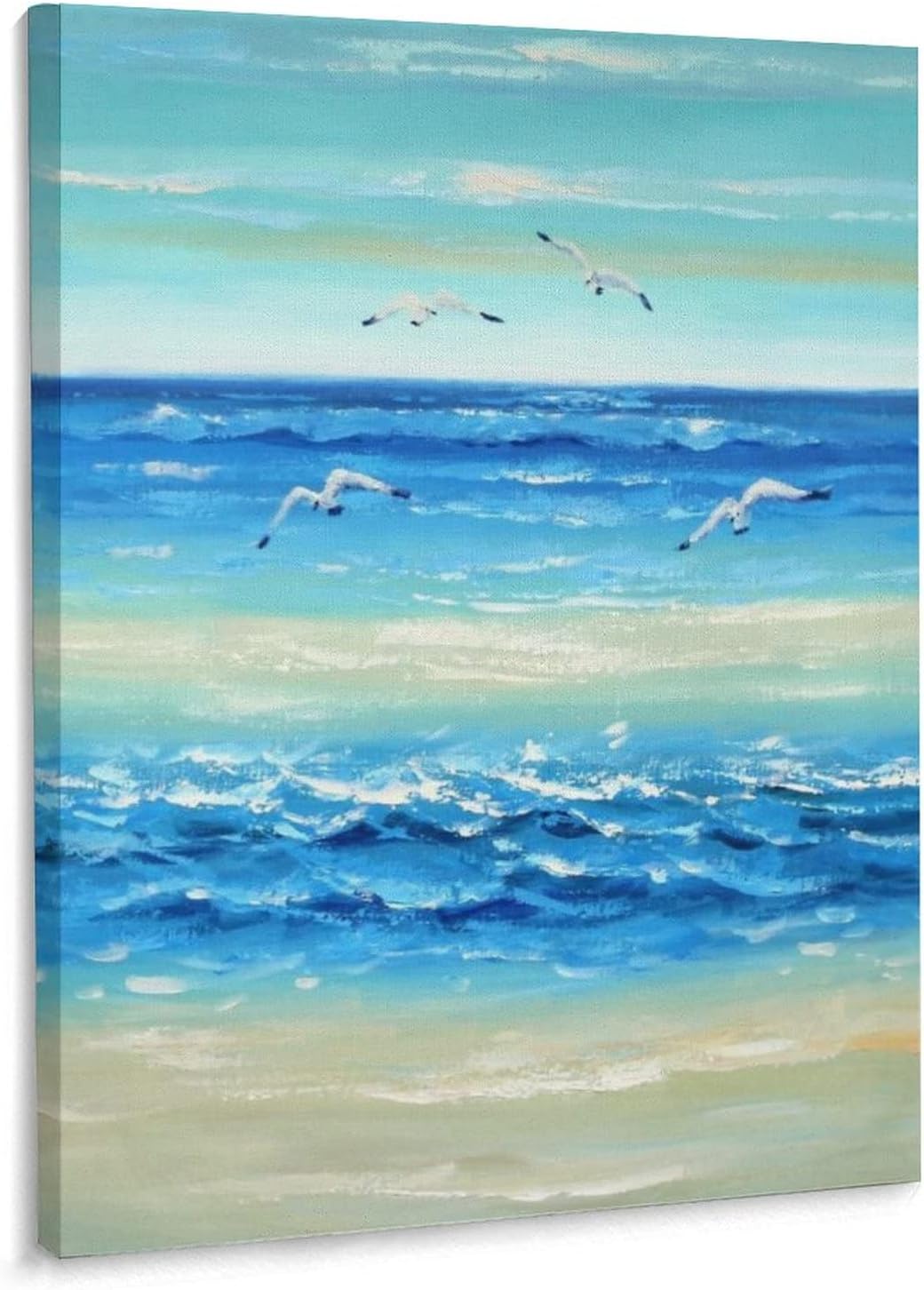 Seascape Oil Painting Tropical Beach Wall Art Seagull Flock of Birds Wall Art Canvas Posters Prints Picture for Living Room Bedroom Office Kitchen Decor 16x20inch(40x51cm) Frame-Style