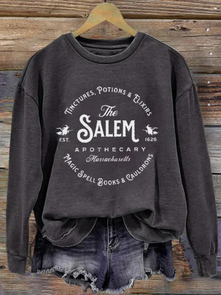 Women's Salem Massachusetts Happy Halloween Witch Printed Round Neck Long Sleeve Sweatshirt wearshes