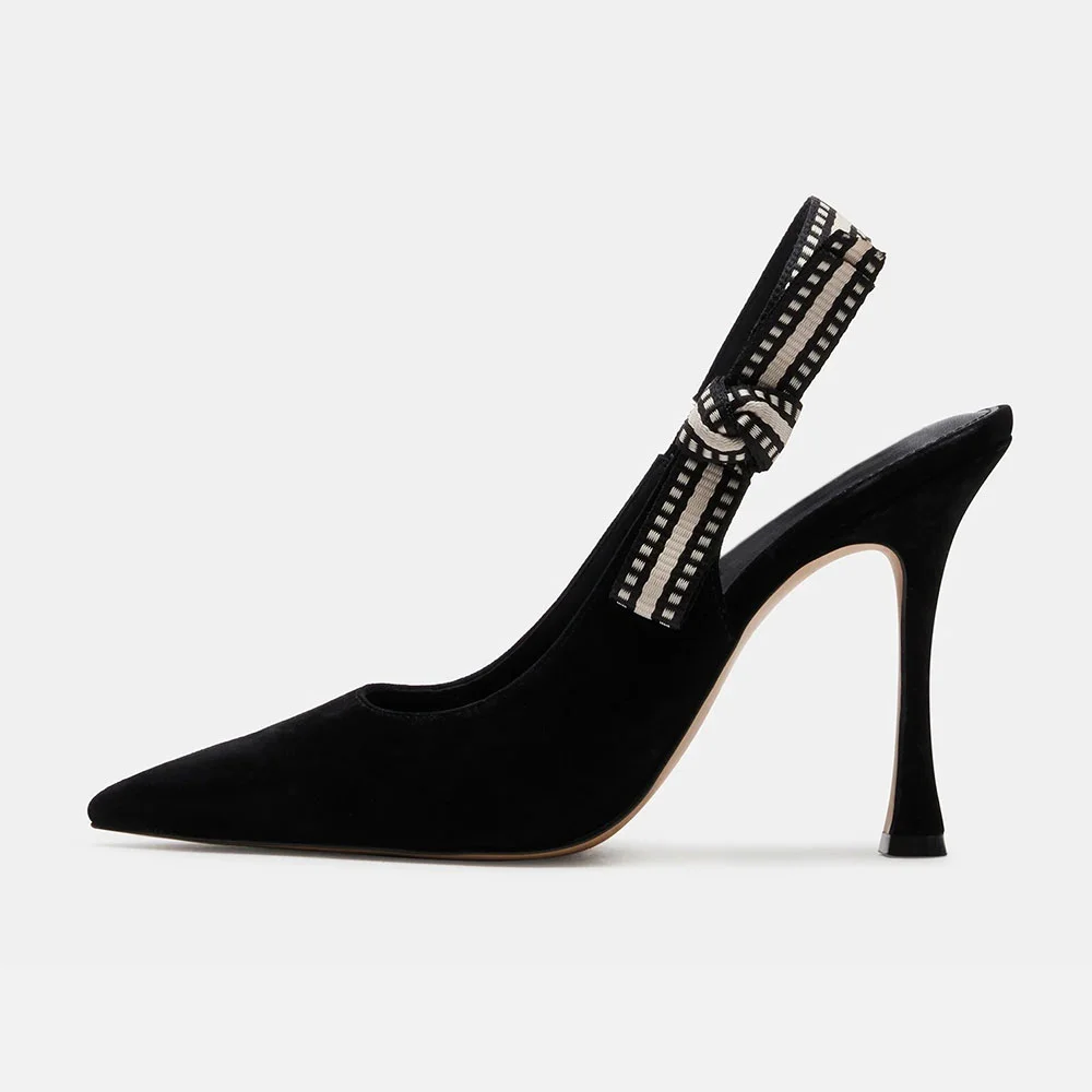 Pointed Toe Stiletto High Heel Slingback Black Pumps with Bow