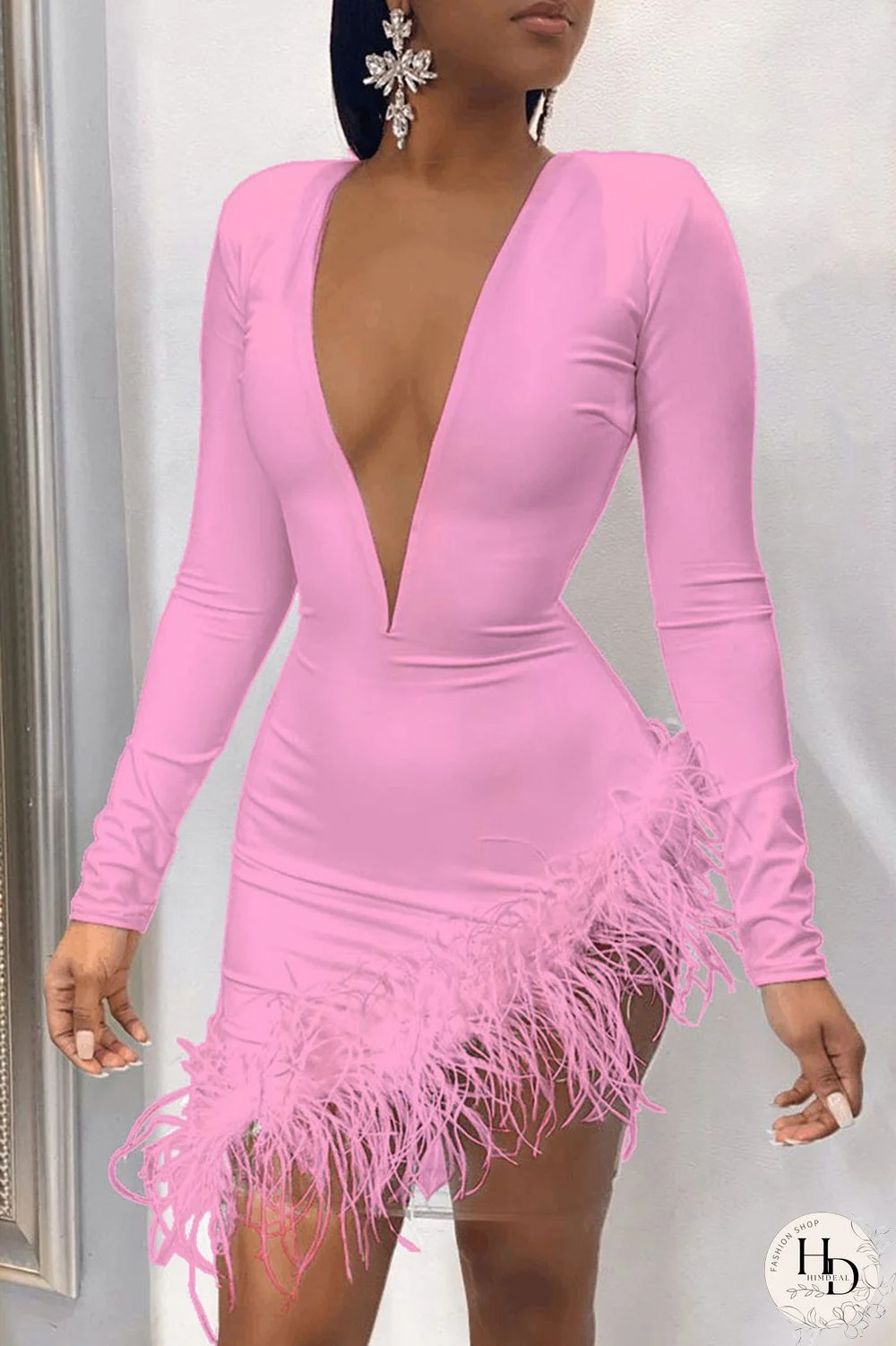 Pink Sexy Solid Split Joint Feathers Mesh O Neck One Step Skirt Dresses