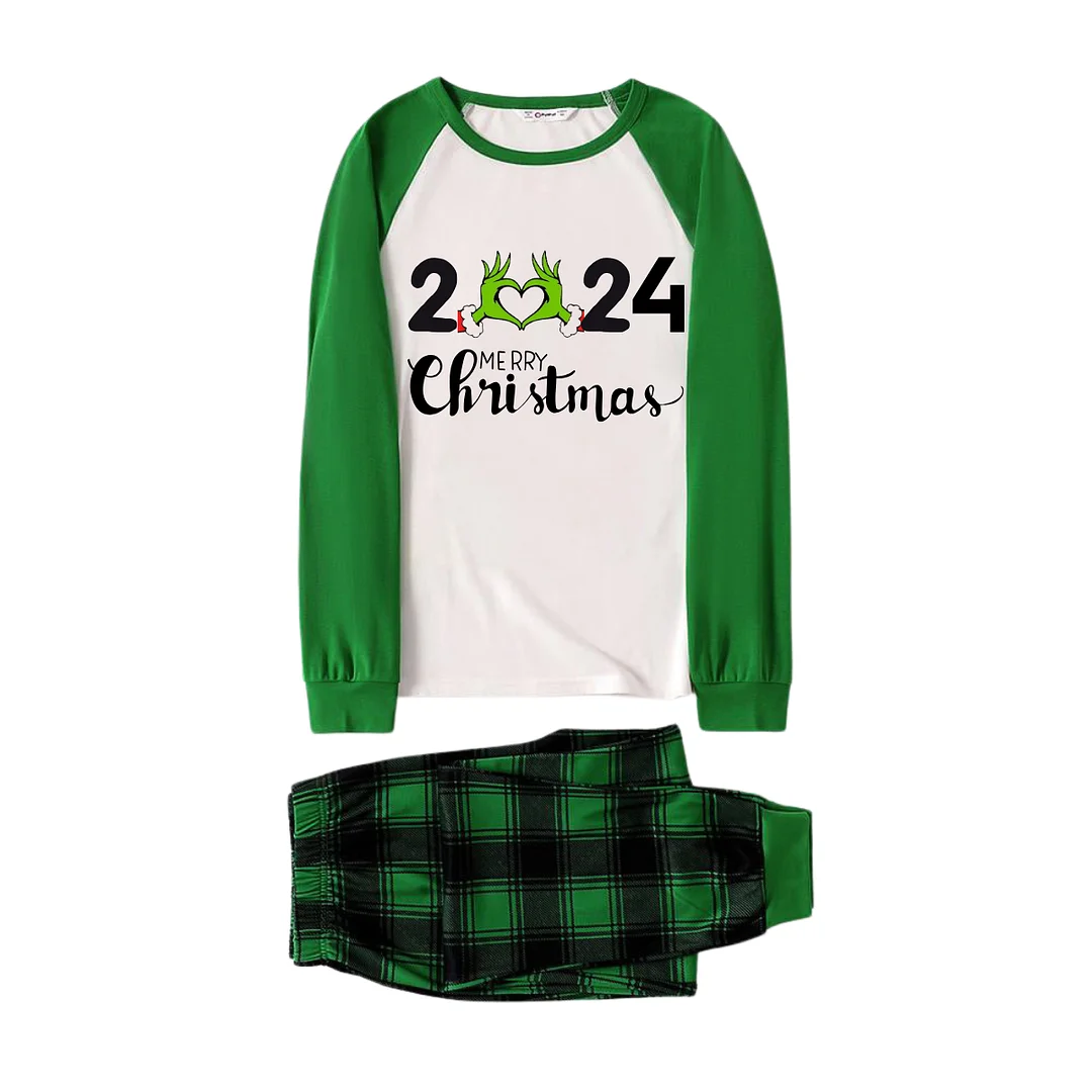 2024 Merry Christmas Text Print Long Sleeve Top With Green & Black Plaid Christmas Matching Pajamas