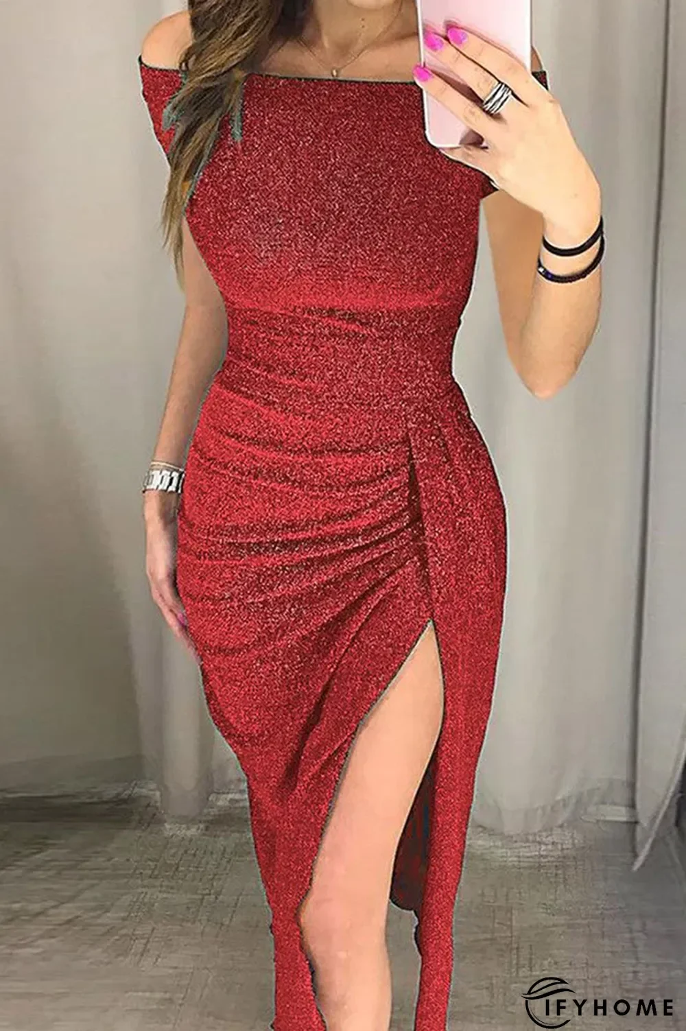 Fashion Elegant Solid Slit Sequined Off the Shoulder Wrapped Dresses(3 Colors) | IFYHOME