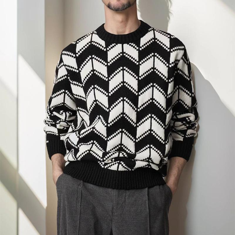 Men's Striped High Elastic Loose Round Neck Knitted Sweater 83792663X