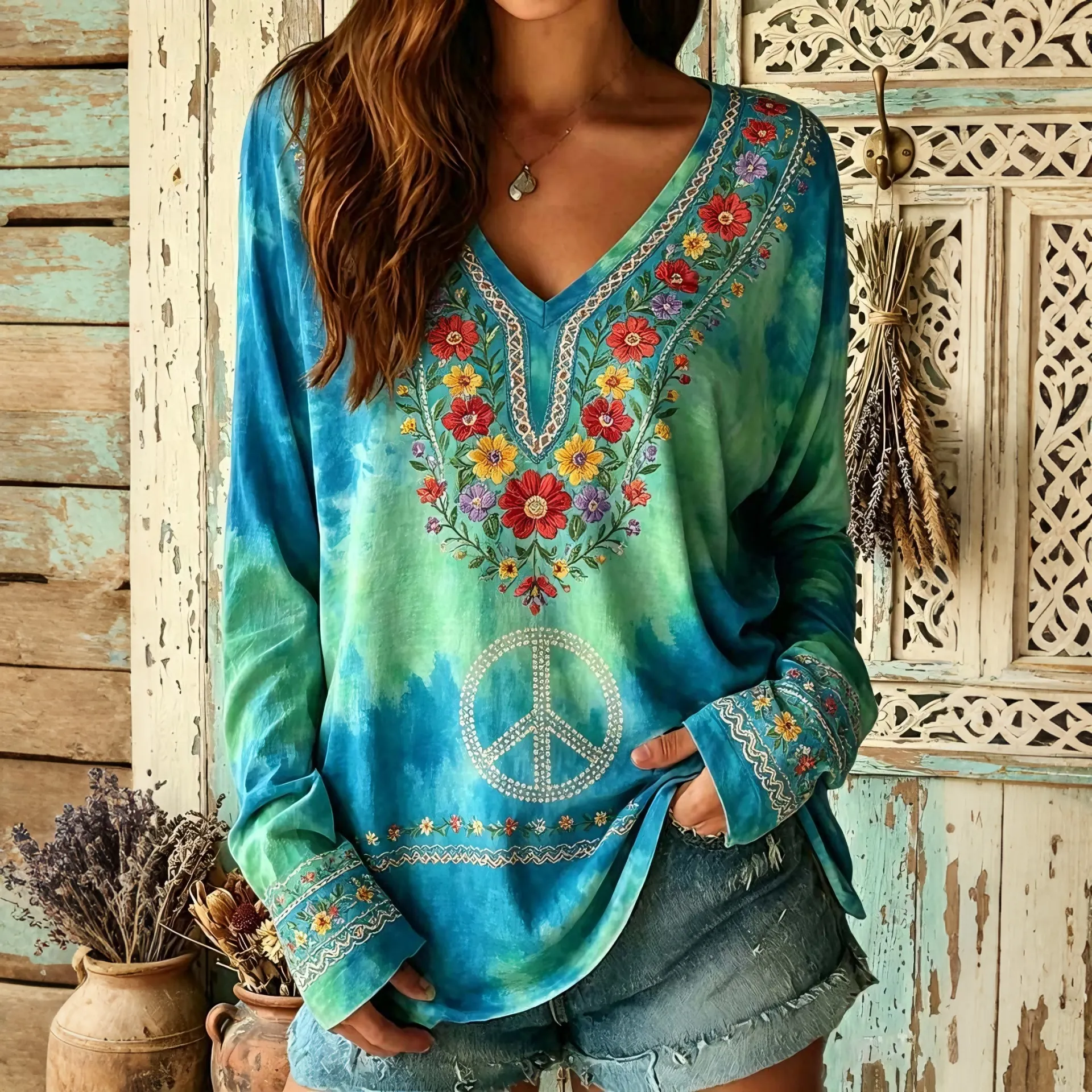 Comstylish Women's Retro Hippie Floral Design V-neck T-shirt