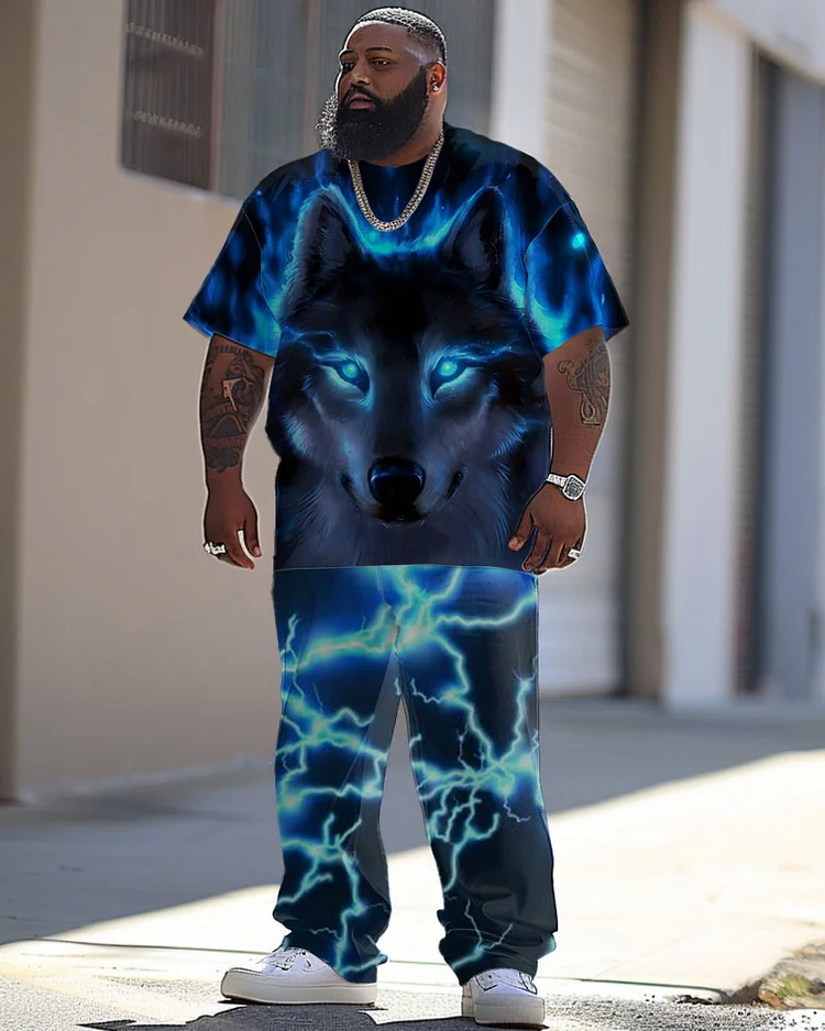 Men's Large Street Casual Lightning Wolf Print T-Shirt Trousers Suit
