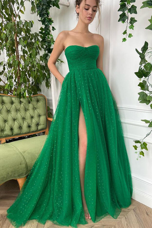 Bellasprom Strapless Green Tulle Prom Dress Long With Slit Online Bellasprom