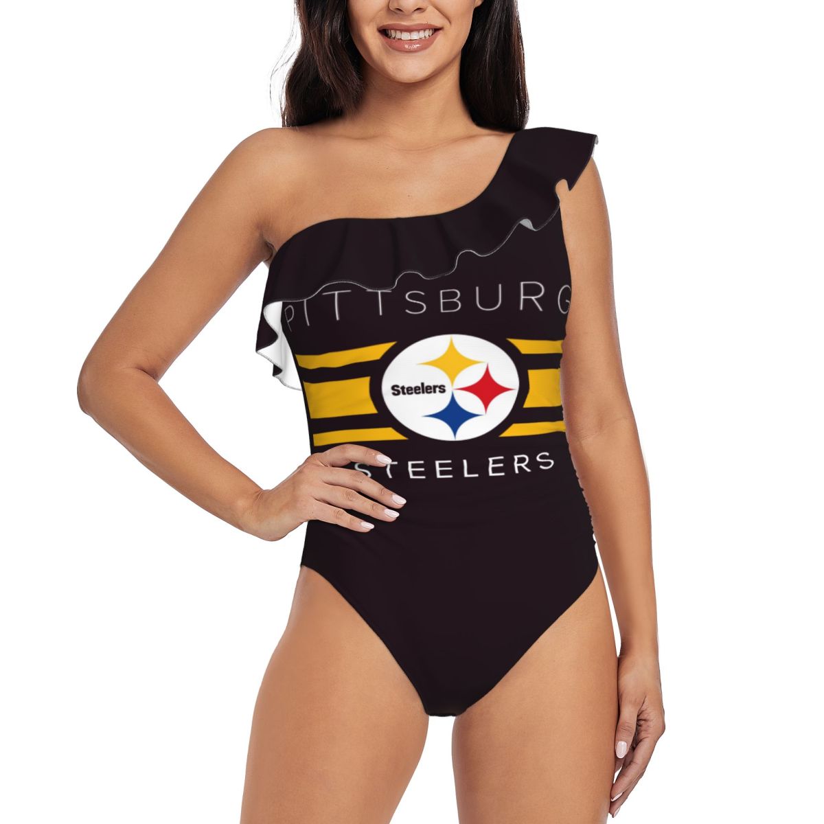 Pittsburgh Steelers Gold Stripes One Shoulder Ruffle Printed Swimsuit