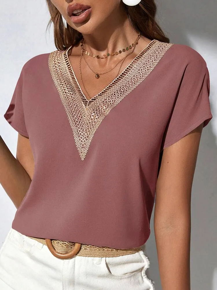 Guipure Lace Panel Batwing Sleeve Blouse