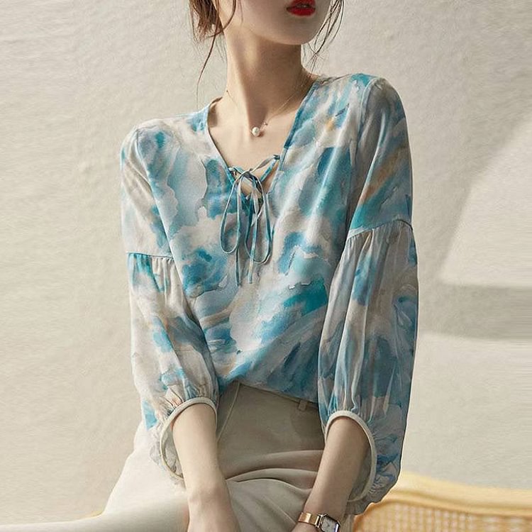 Loose Printed Lace Up Blouses QueenFunky