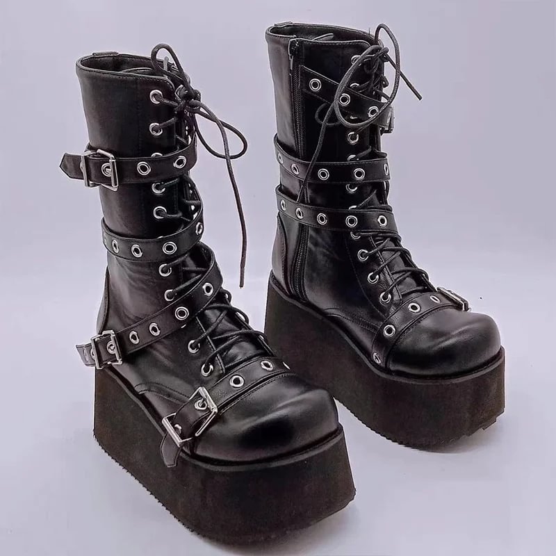 Gothic Black Casual PU Leather Side Zipper Boots