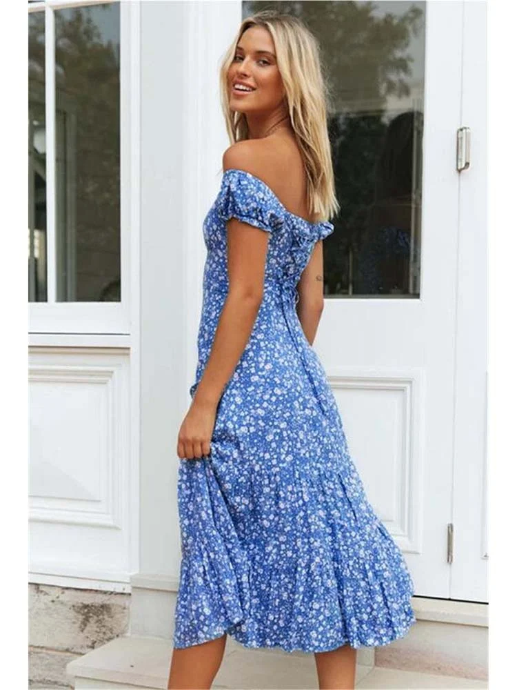 S~5XL Women Summer Dress Slash Neck Blue Floral Print Boho Beach Midi Dress Sexy Back Bandage A-Line Holiday Vestidos