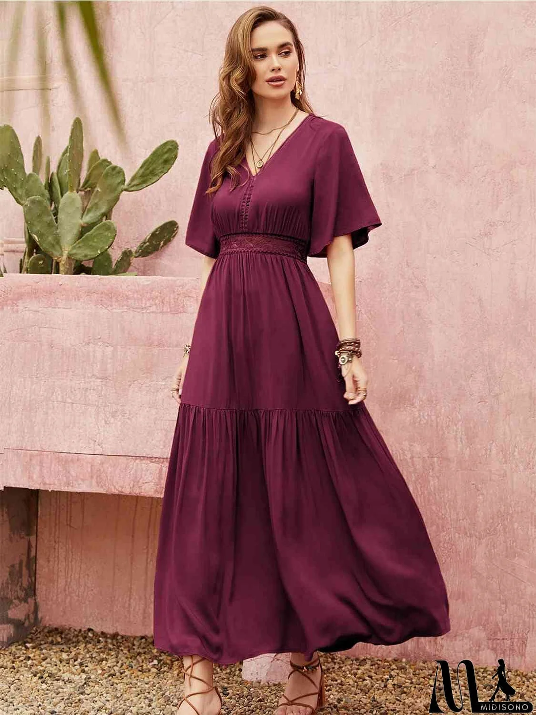 MidiSono - Openwork V-Neck Flare Sleeve Ruched Dress