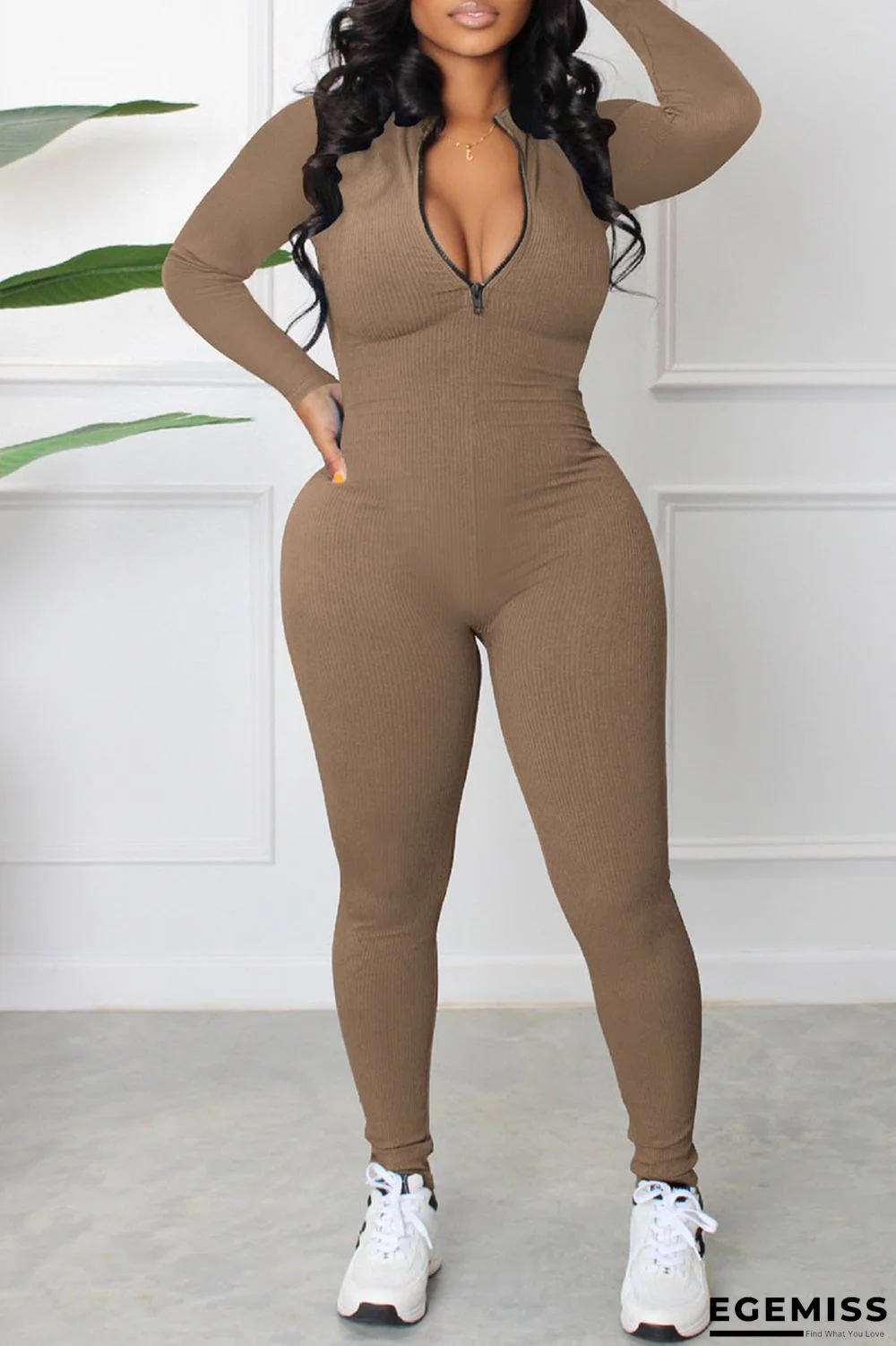 Coffee Casual Solid Patchwork Zipper Collar Skinny Jumpsuits | EGEMISS