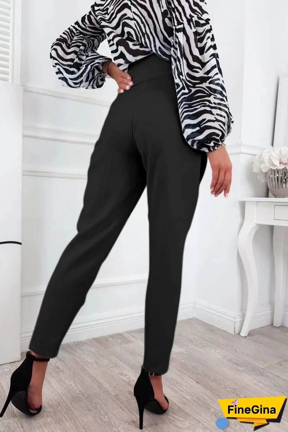 Black Casual Solid Buttons Regular High Waist Conventional Solid Color Trousers