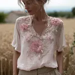 Bohemian Retro Pink Floral Pattern Women's Short-sleeve Top - Image 2