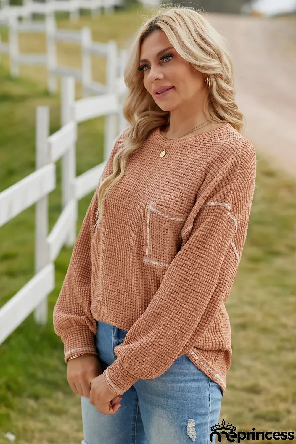 Grey Contrast Stitching Waffle Knit Top