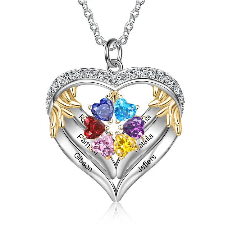 Personalized Diamond Heart Necklace with 6 Birthstones Wings Necklace