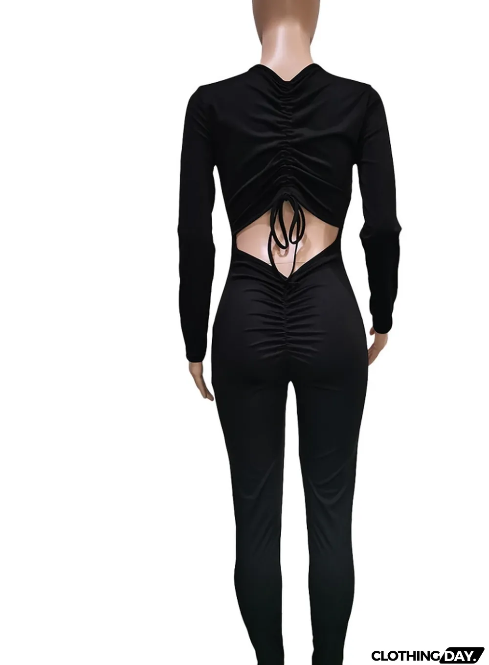 Spring Black Sexy Cut Out Scrunch Long Sleeve Party Jumpsuit