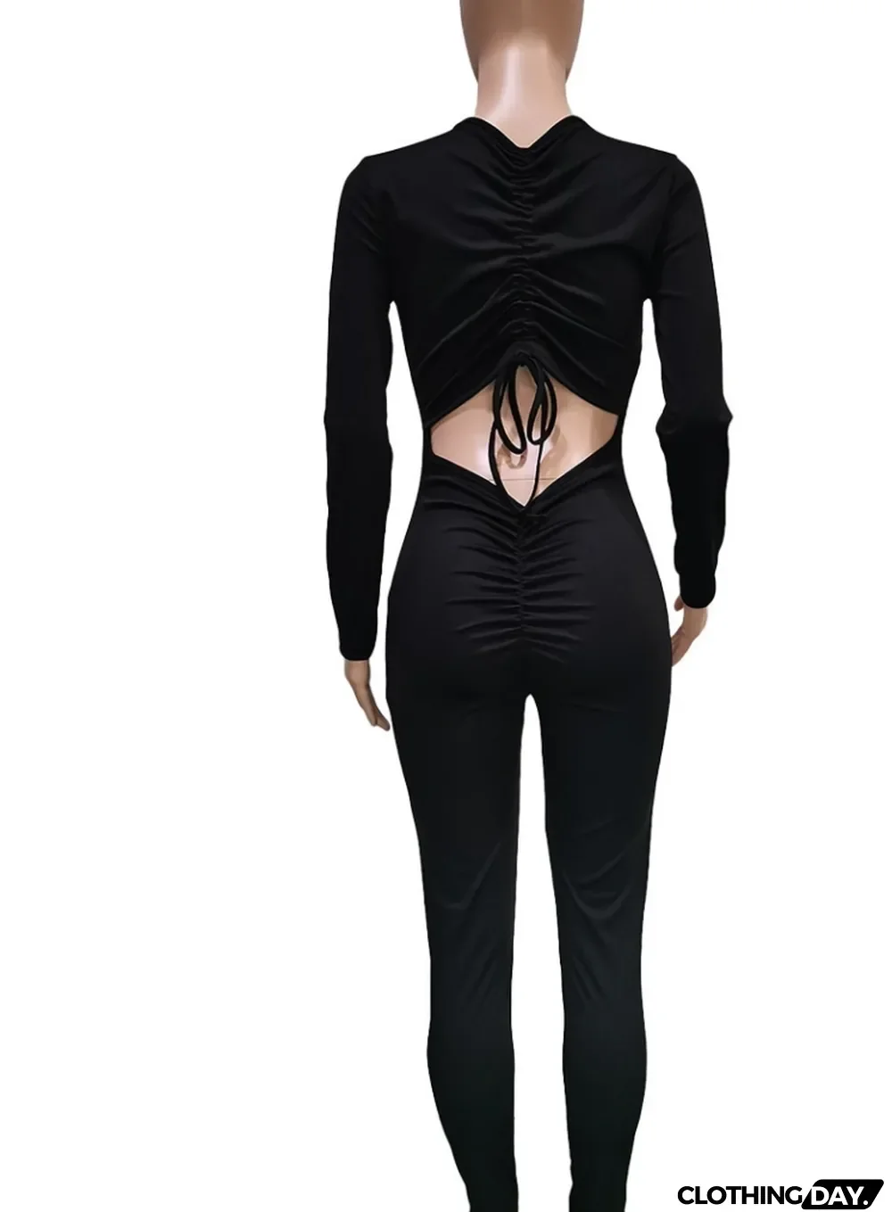Spring Black Sexy Cut Out Scrunch Long Sleeve Party Jumpsuit