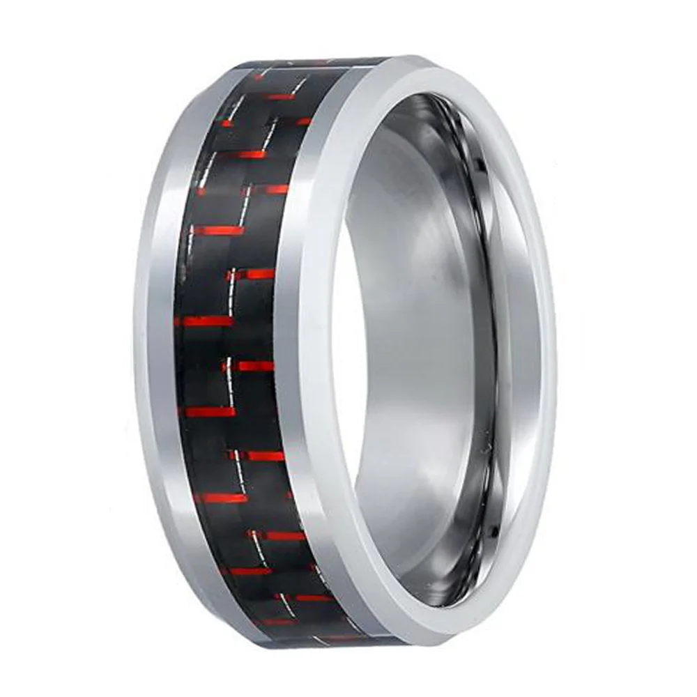 6MM 8MM Tungsten Rings Black And Red Carbon Fiber Inlay Silver Beveled Edge
