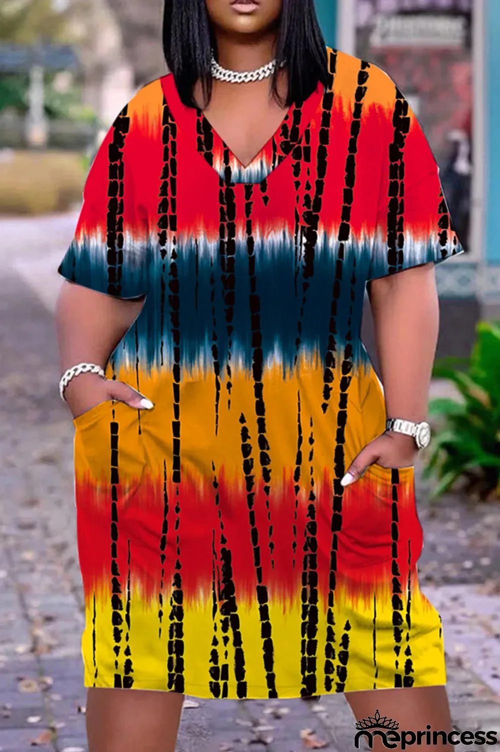 Orange Red Casual Print Patchwork Basic V Neck Short Sleeve Dress