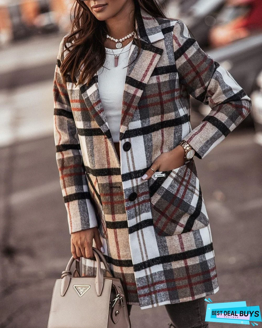 Casual Loose Plaid Woolen Cardigan Coat