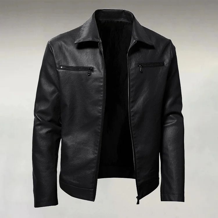 Men's Casual Turndown Collar Zipper Chest Pocket Long Sleeve Solid PU Leather Jacket