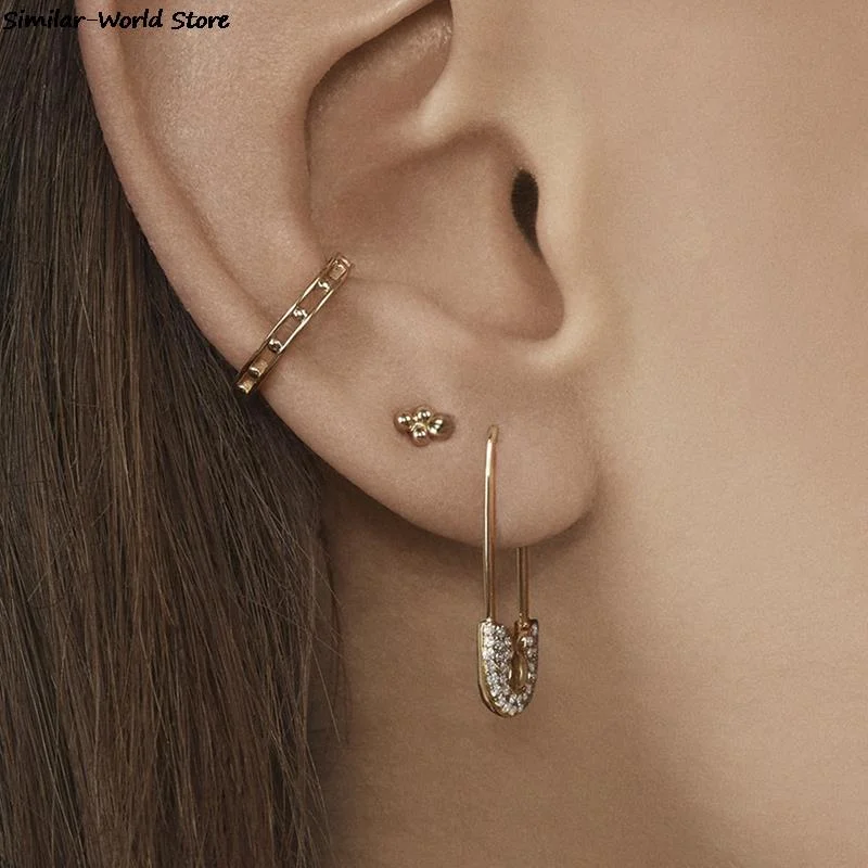 Trendy Paperclip Earring Set Rhinestone Safety Pin Stud Earrings For Women Jewelry Gift