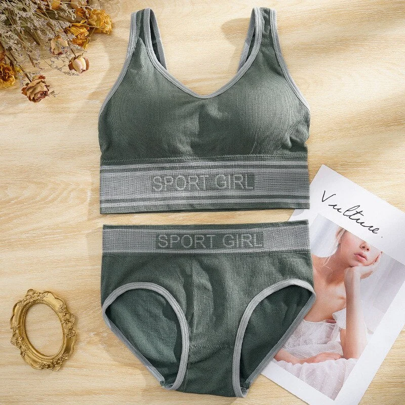Meet'r Women's Sexy Sports Underwear Set Seamless Girl Comfortable Letter Bra Set Female Fitness Top Active Wear Lingerie Set