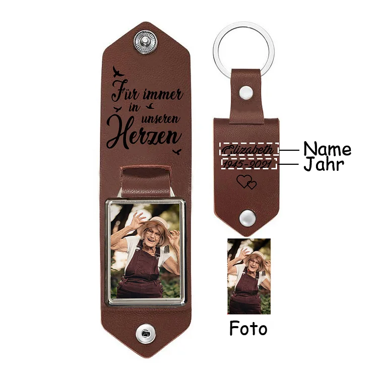 Kettenmachen Personalisierter Foto & Name & Datum Leder Gedenk Schlüsselanhänger-Für immer in unseren Herzen