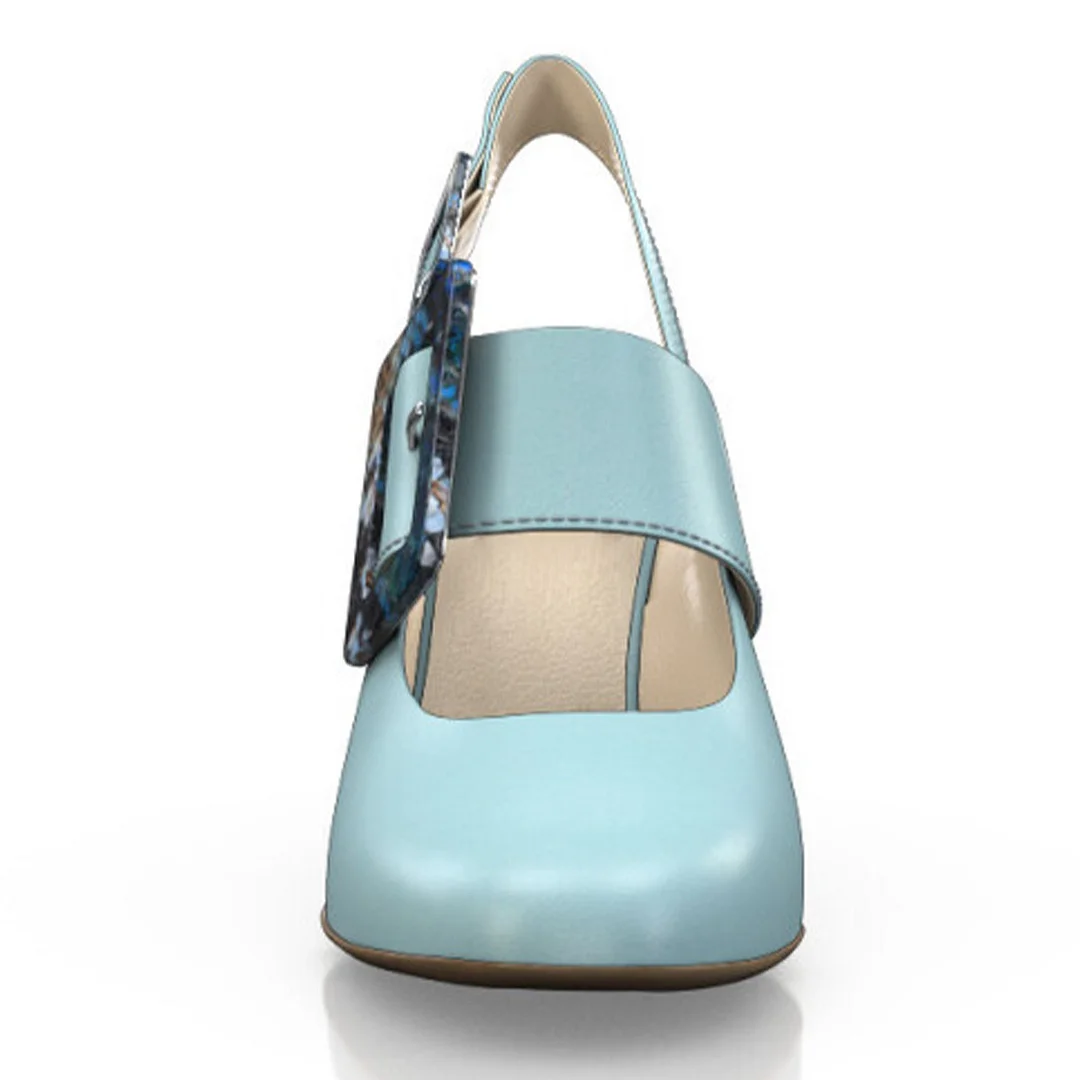 YDN Stylish Light Blue Snakeskin Round Toe Buckle Slingback Heels