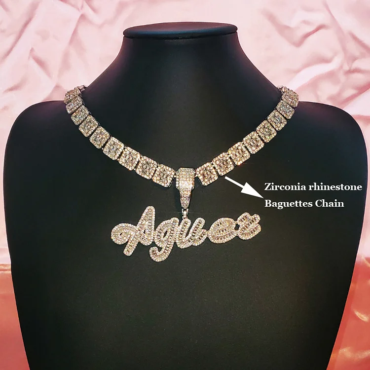 Custom Name Chain Iced Out Baguettes Brush Cursive Letter Pendant Necklace-VESSFUL
