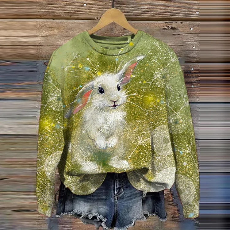 VChics Art Bunny Print Crew Neck Sweatshirt