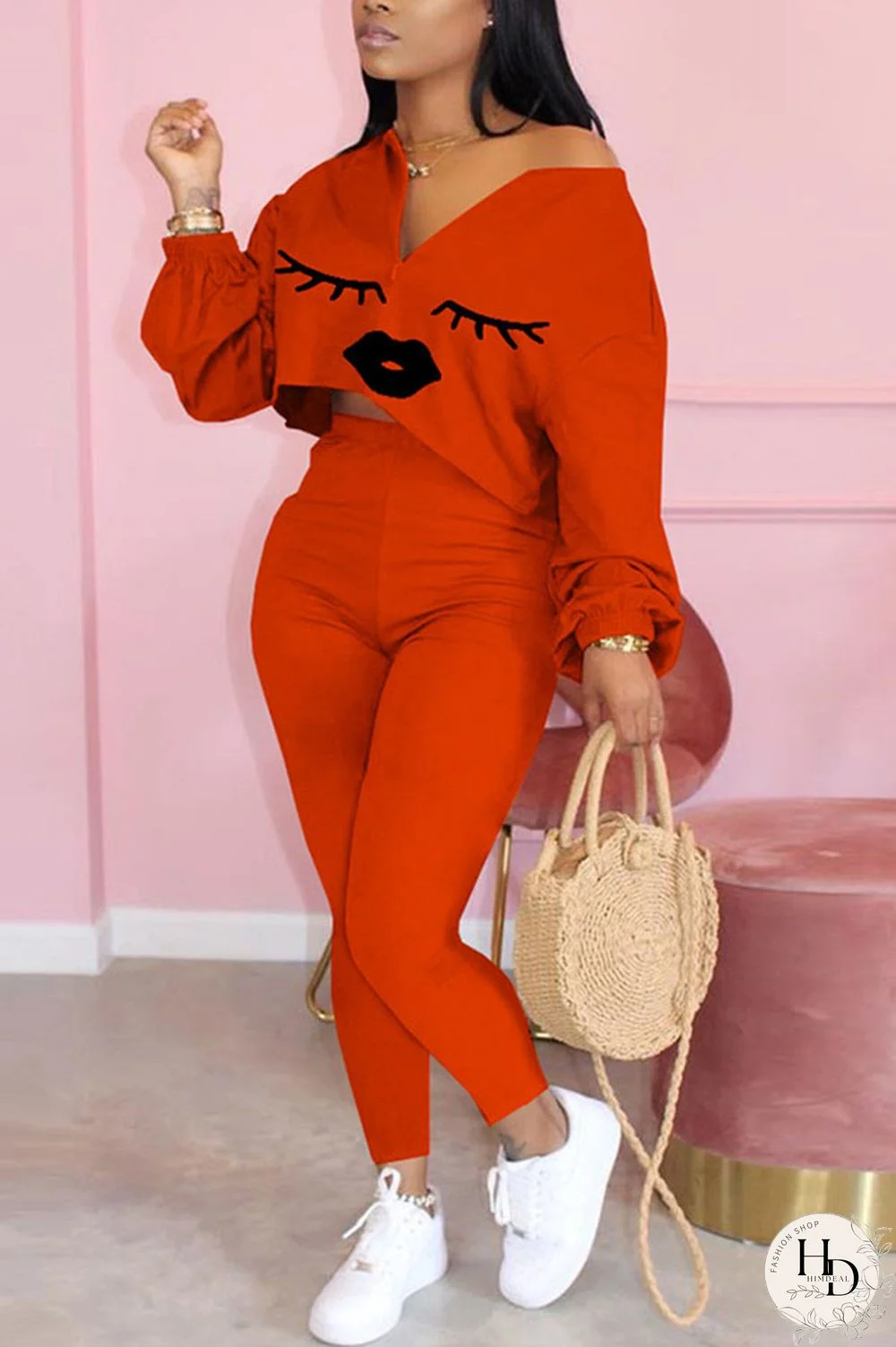 Yellow Sexy Print Lips Print pencil Long Sleeve Two Pieces