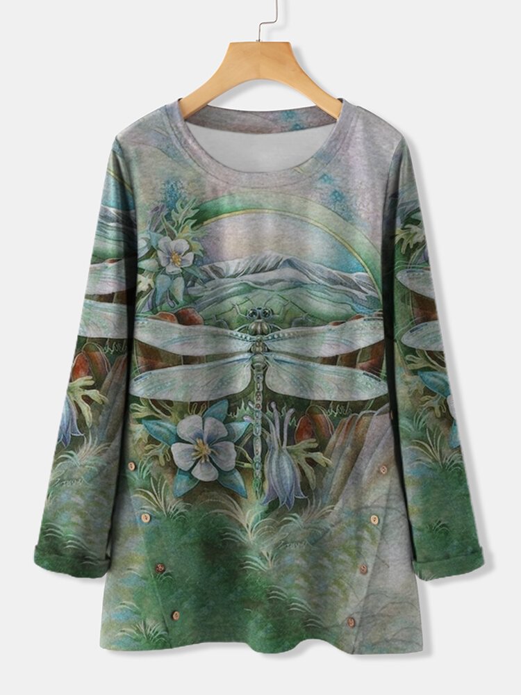 Dragonfly Printed Long Sleeve O neck T shirt For Women P1748128