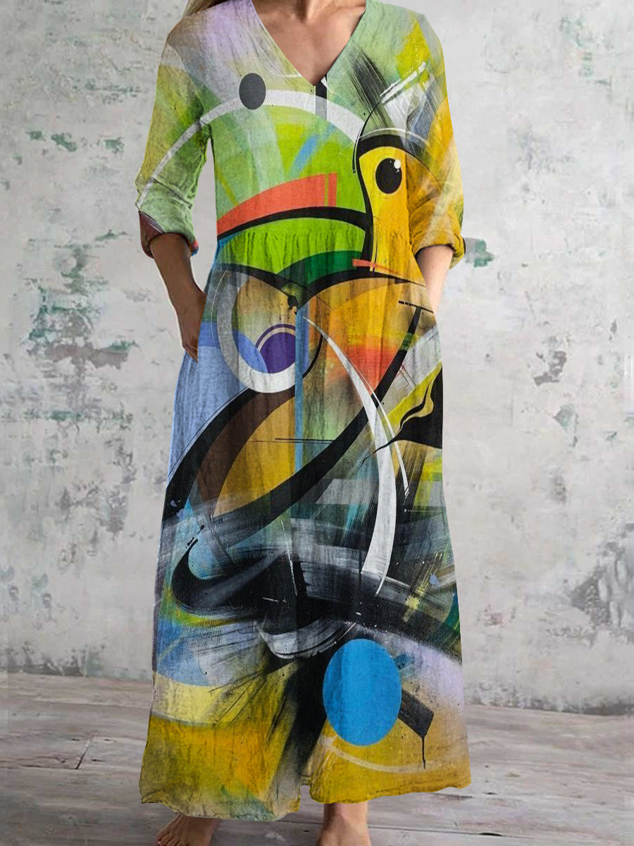 Women's V Neck Abstract Parrot Art Print Cotton and Linen Pocket Dress