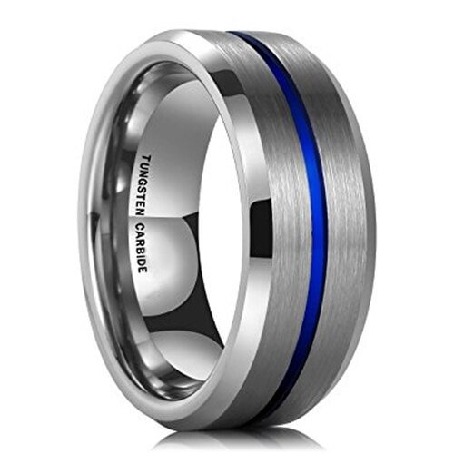 Women's Or Men's Tungsten Carbide Wedding Band Matching Rings,Silver Tone Matte Finish Ring With Blue Line Groove And Beveled Edges With Mens And Womens For Width 4MM 6MM 8MM 10MM