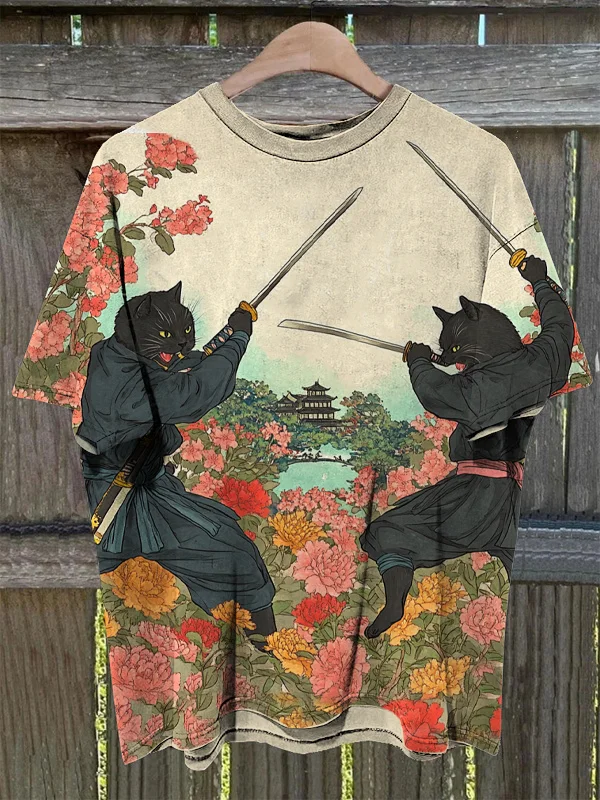 Men's Two Black Cat Samurai Swordsmen Fighting With Swords Print Casual T-Shirt