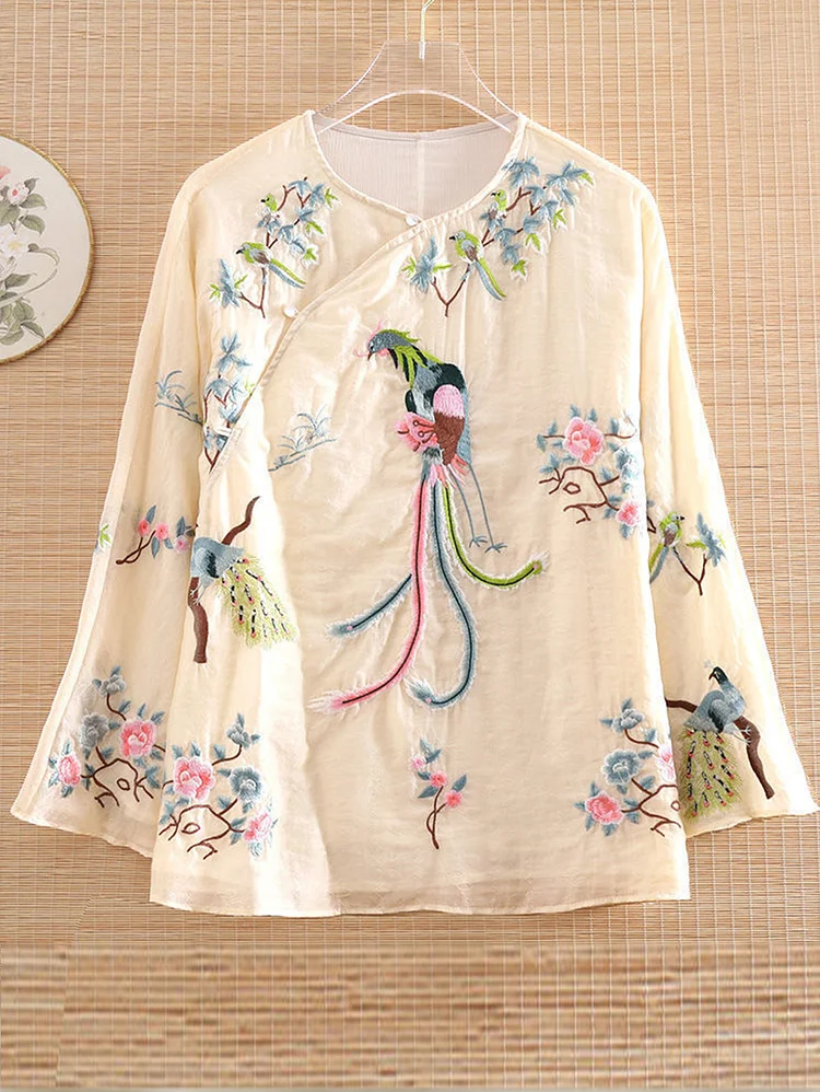 Modest Plain Flower And Bird Embroidery V Neck Fog Button Long Sleeve Loose Shirt