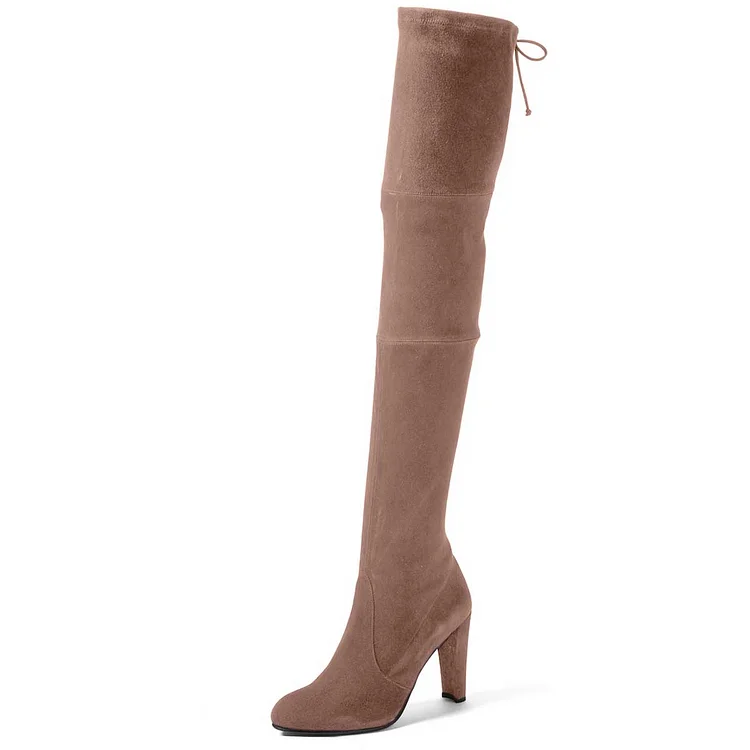 Camel Chunky Heel Boots Round Toe Vegan Suede Thigh-high Boots |FSJ Shoes