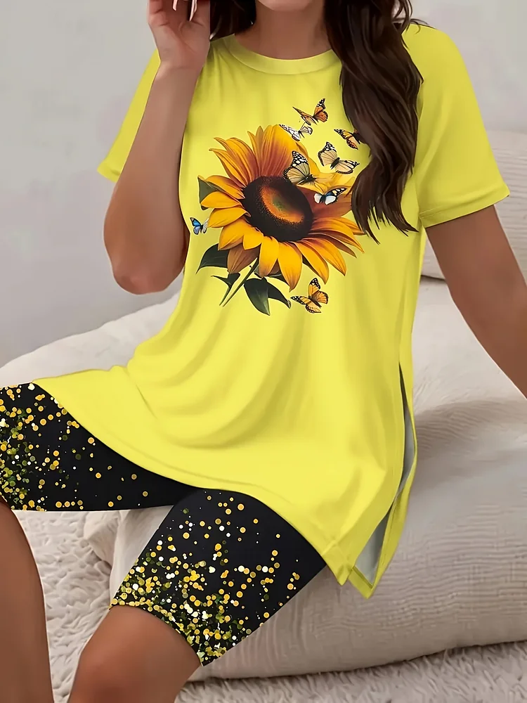 Women's Casual Butterfly Print Suit, Fashionable Slit-Fit Design