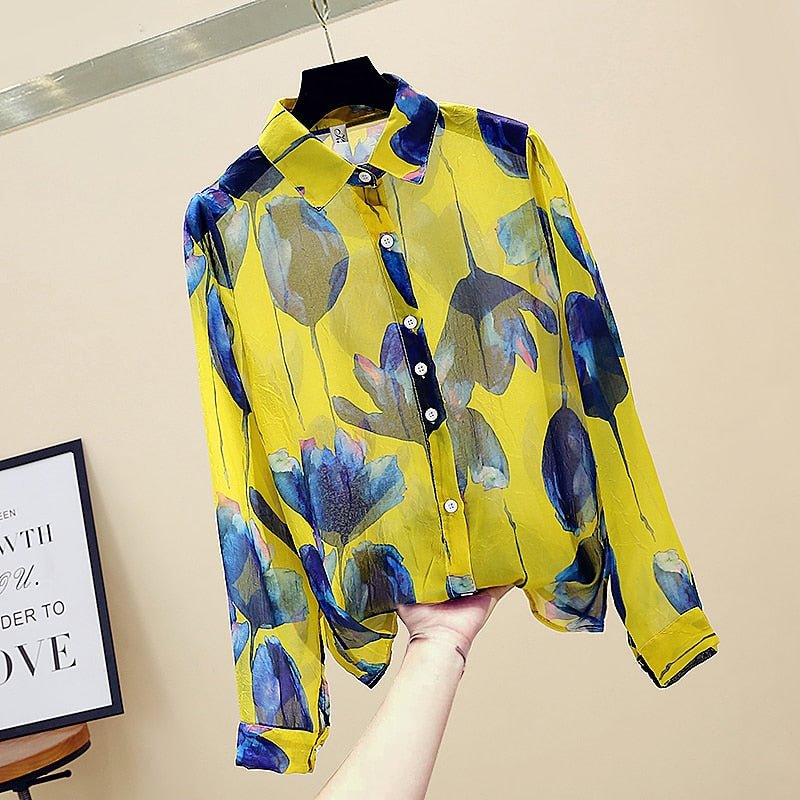 Spring summer Women's Chiffon Shirt Tops New Retro Fashion All-Match Printed Blouse Long Sleeve Blusa GD585