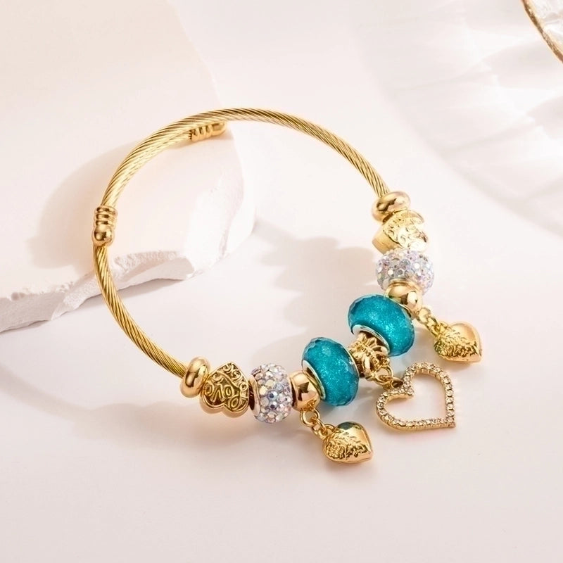 Artistic Shiny Heart Shape 304 Stainless Steel Alloy Gold Plated Rhinestones Bangle In Bulk