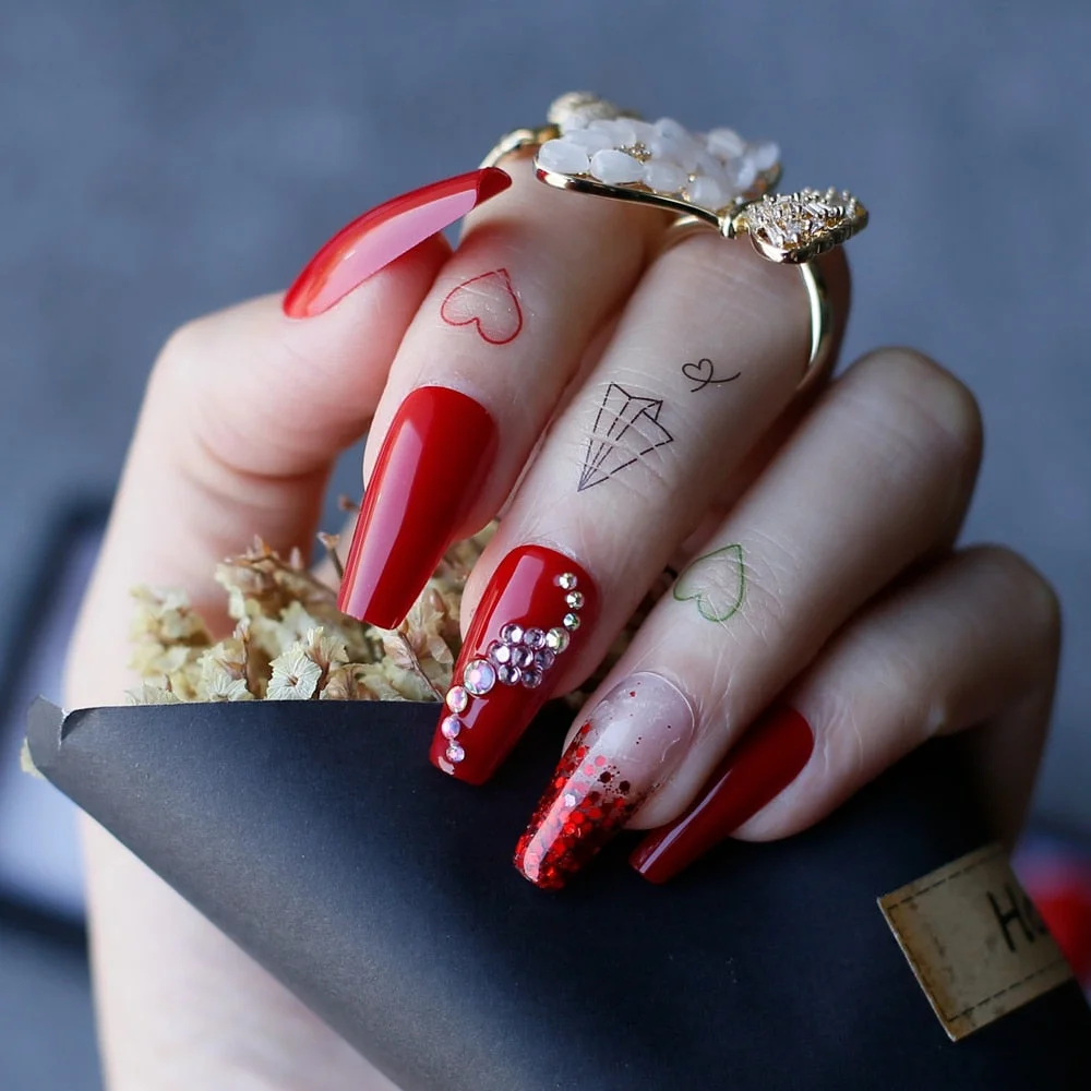 Manual phototherapy glitter Ombre Red Coffin Fasle nails Clear sparkle gel  Fake nails Gift box Reusable high quality-Nail Inspo